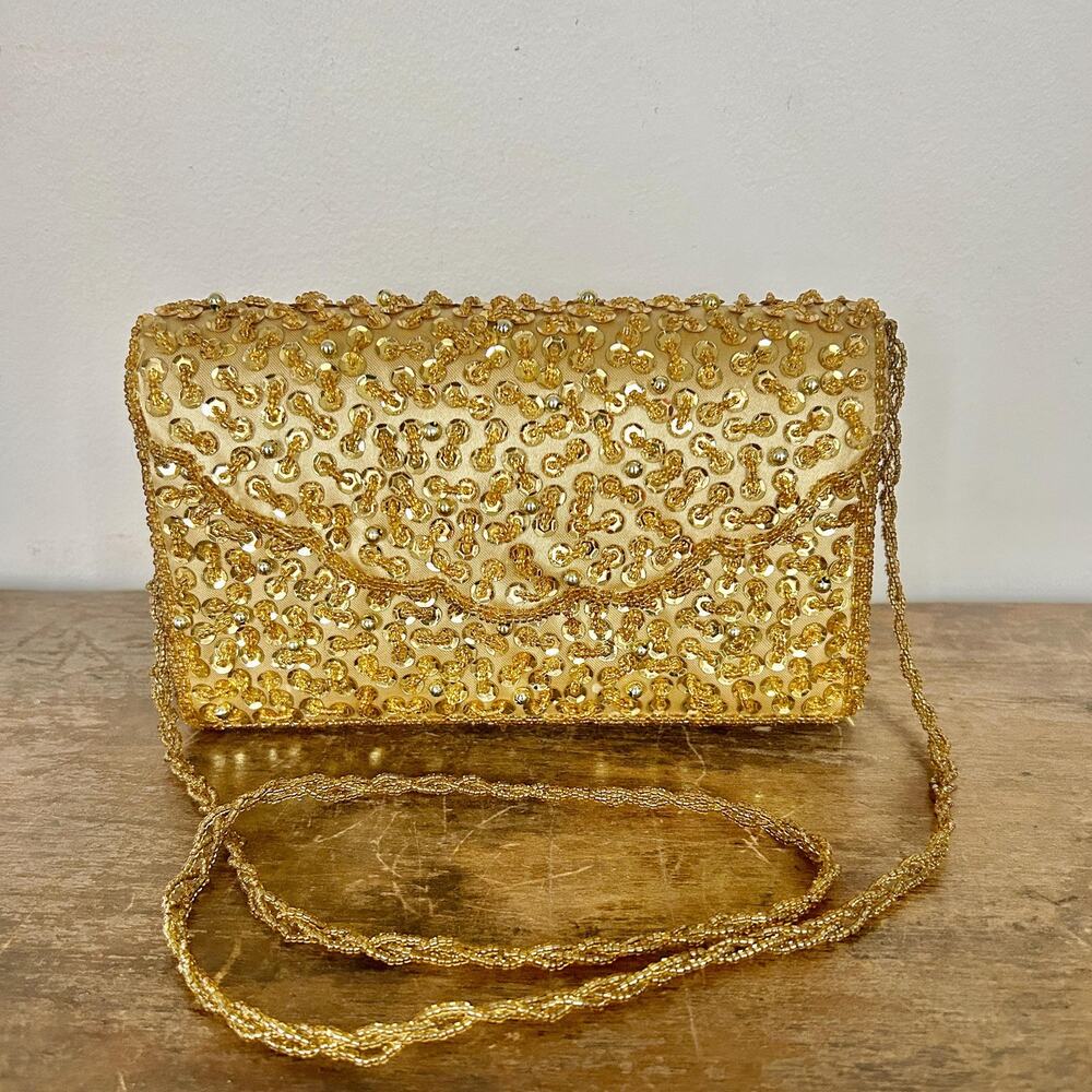 Vintage Beaded Gold Evening Purse | Scalloped Shoulder Bag | 1950s Glam Clutch